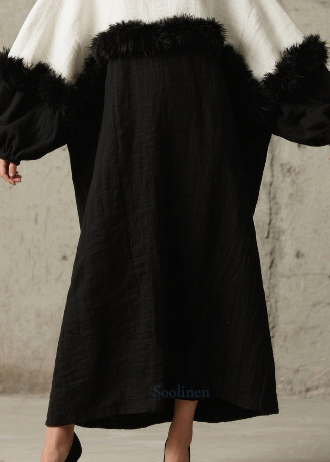 Black White Patchwork Faux Fur Robe Dresses Oversized Batwing Sleeve