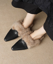 Black Women Cowhide Leather Comfy Splicing Flats Fuzzy Wool Lined