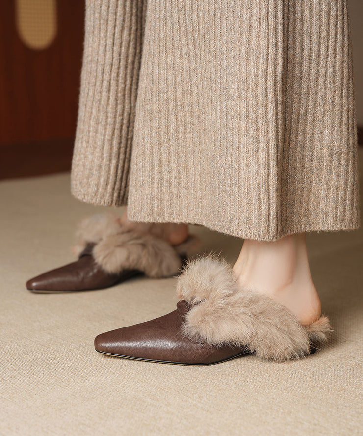 Black Women Cowhide Leather Comfy Splicing Flats Fuzzy Wool Lined