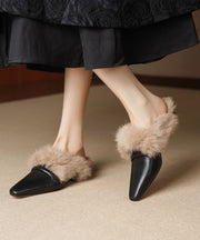 Black Women Cowhide Leather Comfy Splicing Flats Fuzzy Wool Lined