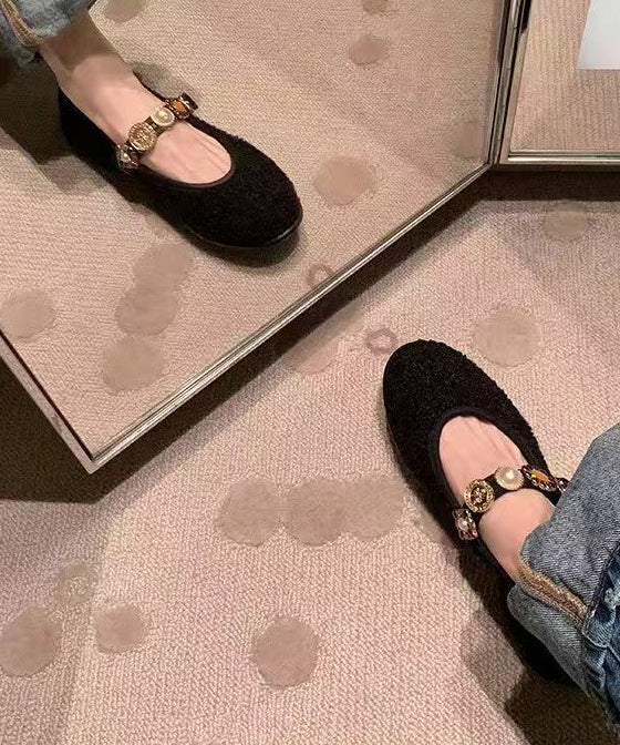 Black Women Woolen Splicing Flat Shoes Buckle Strap