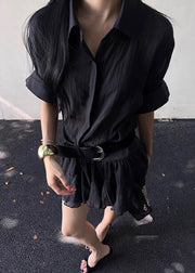 Black Wrinkled Button Cotton Shirts Dress Peter Pan Collar Half Sleeve