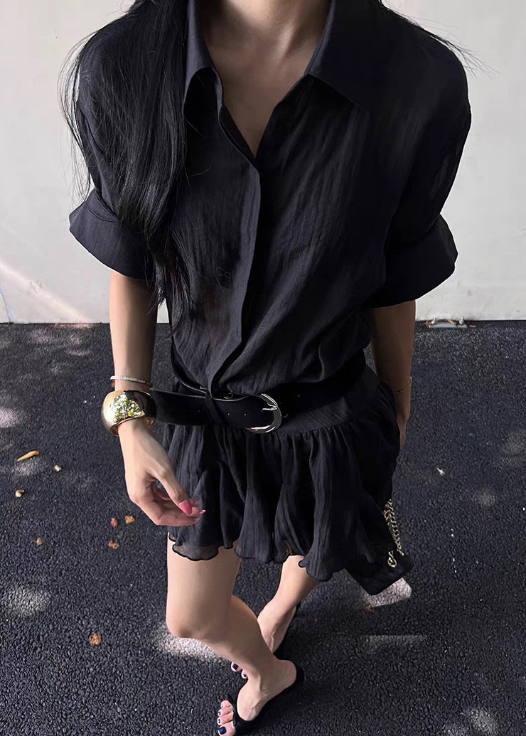Black Wrinkled Button Cotton Shirts Dress Peter Pan Collar Half Sleeve