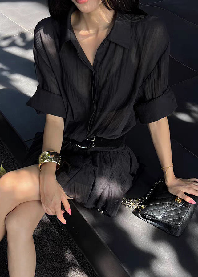 Black Wrinkled Button Cotton Shirts Dress Peter Pan Collar Half Sleeve