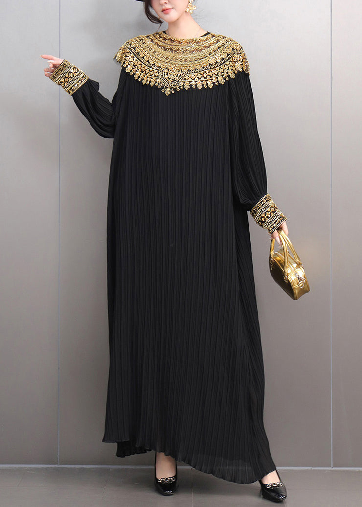 Black Wrinkled Nail Bead Sequins Maxi Dresses Fall