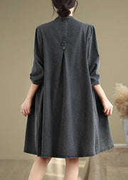 Black Wrinkled Patchwork Long Dresses V Neck Fall