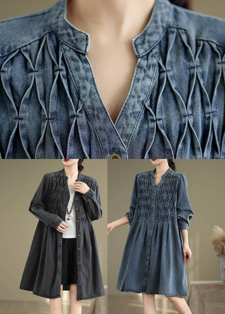 Black Wrinkled Patchwork Long Dresses V Neck Fall