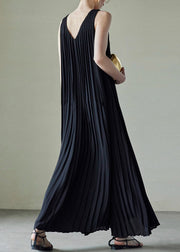 Black Wrinkled Pockets Chiffon Long Dress V Neck Summer