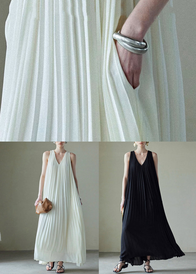 Black Wrinkled Pockets Chiffon Long Dress V Neck Summer