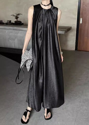 Black Wrinkled Silk Long Dress O Neck Summer