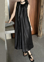 Black Wrinkled Silk Long Dress O Neck Summer
