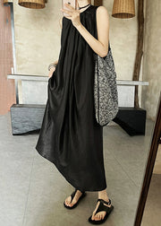 Black Wrinkled Silk Long Dress O Neck Summer