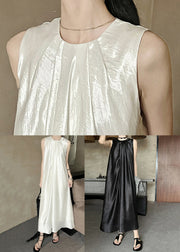 Black Wrinkled Silk Long Dress O Neck Summer