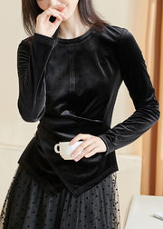 Black Wrinkled Silk Velour Solid Top Fall