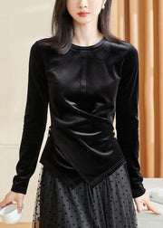 Black Wrinkled Silk Velour Solid Top Fall