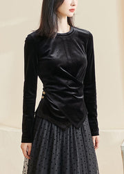 Black Wrinkled Silk Velour Solid Top Fall