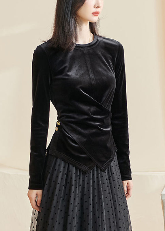 Black Wrinkled Silk Velour Solid Top Fall