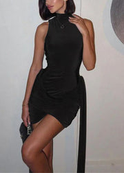 Black Wrinkled Solid Cotton Mid Dress Turtleneck Summer
