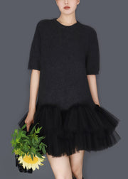Black Wrinkled Tulle Patchwork Knit Sweater Dress O Neck Short Sleeve