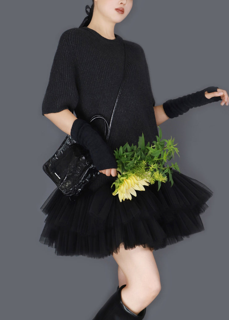 Black Wrinkled Tulle Patchwork Knit Sweater Dress O Neck Short Sleeve