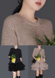 Black Wrinkled Tulle Patchwork Knit Sweater Dress O Neck Short Sleeve