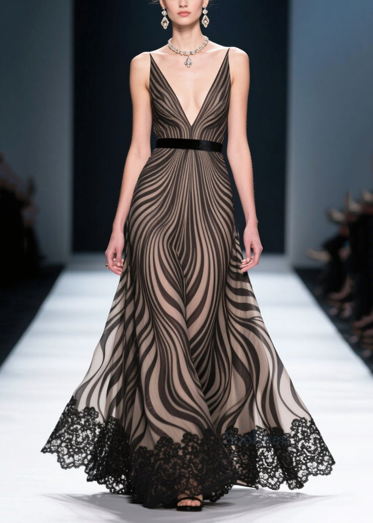Black Zebra Pattern Chiffon Party Dresses Exra Large Hem Summer