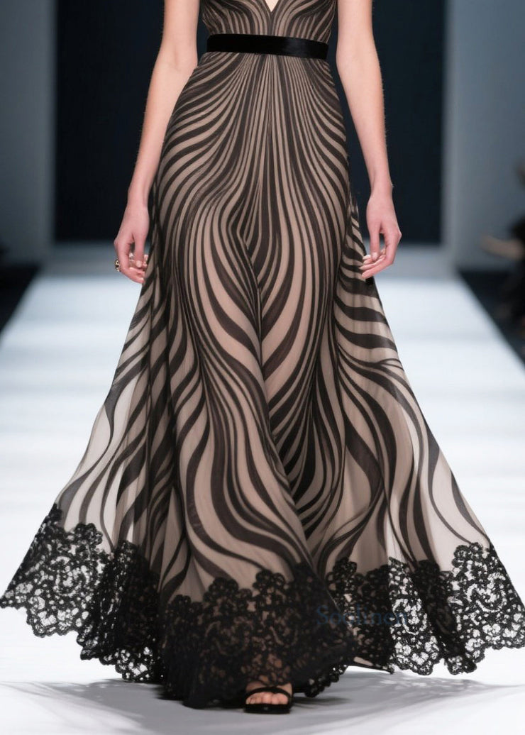 Black Zebra Pattern Chiffon Party Dresses Exra Large Hem Summer