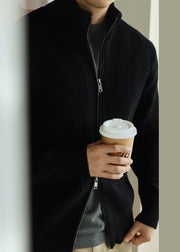 Black Zip Up Cozy Solid Cotton Knit Men Coat Stand Collar