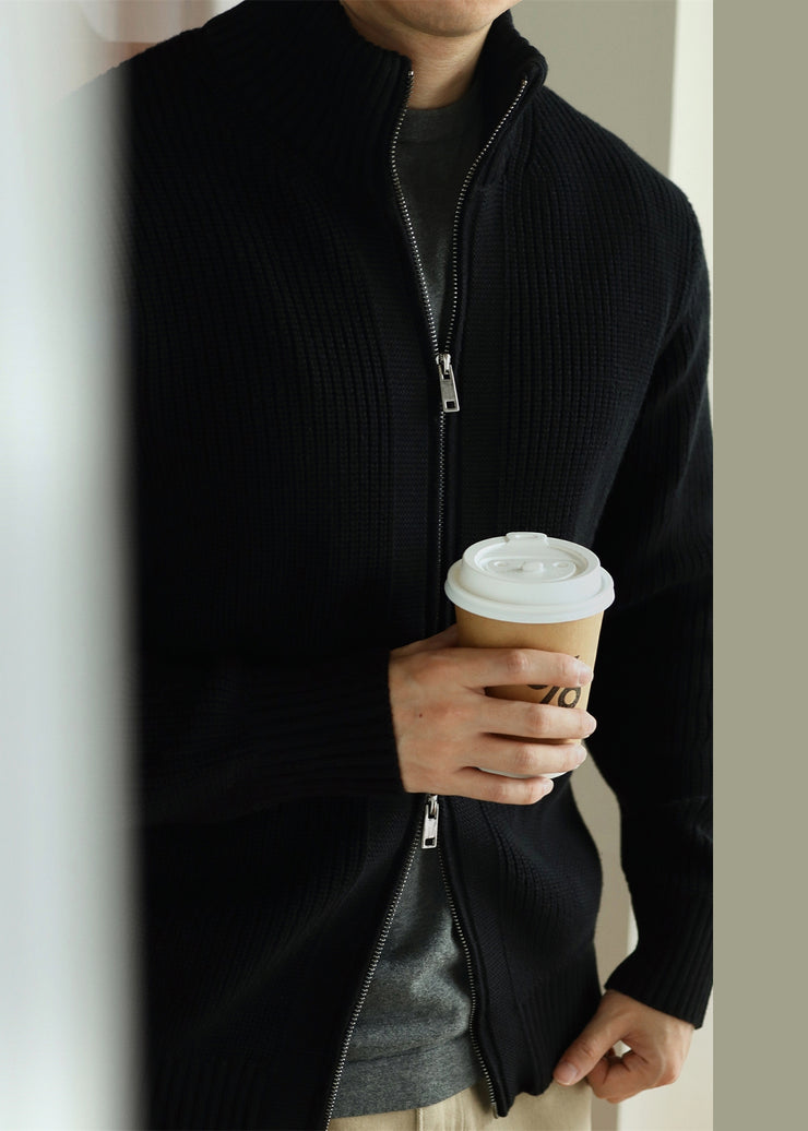 Black Zip Up Cozy Solid Cotton Knit Men Coat Stand Collar