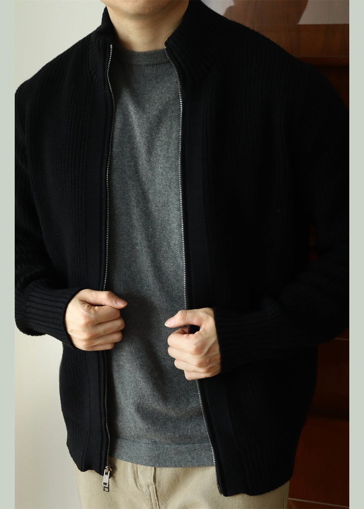 Black Zip Up Cozy Solid Cotton Knit Men Coat Stand Collar