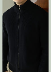 Black Zip Up Cozy Solid Cotton Knit Men Coat Stand Collar