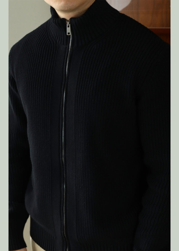 Black Zip Up Cozy Solid Cotton Knit Men Coat Stand Collar