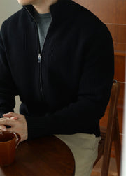 Black Zip Up Cozy Solid Cotton Knit Men Coat Stand Collar