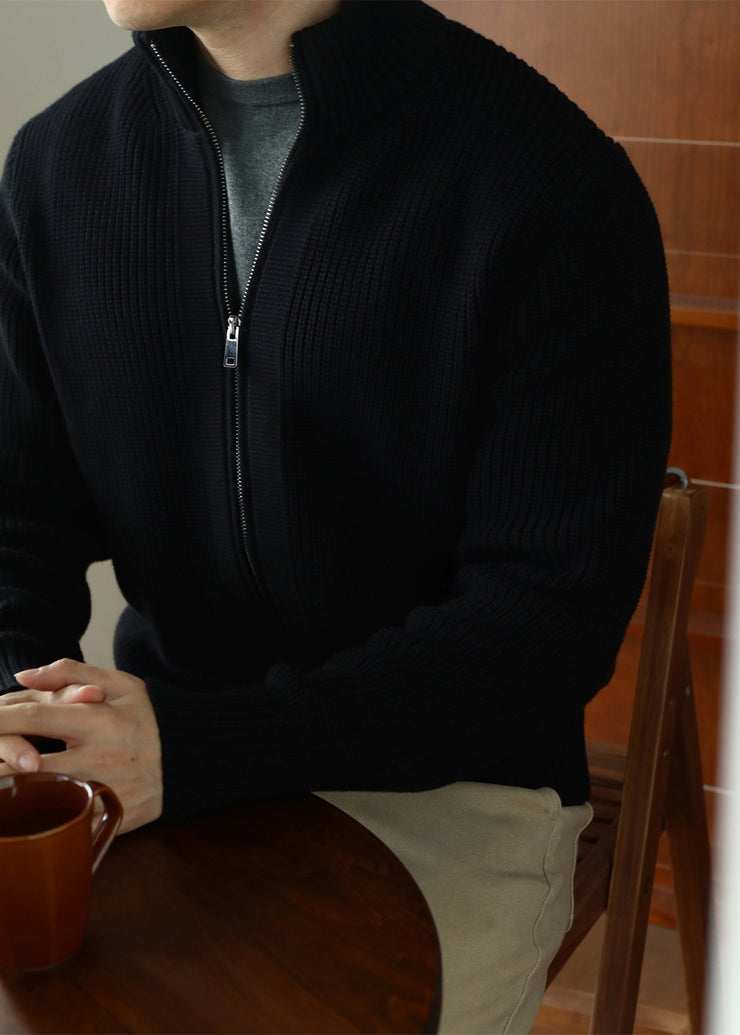 Black Zip Up Cozy Solid Cotton Knit Men Coat Stand Collar