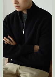 Black Zip Up Cozy Solid Cotton Knit Men Coat Stand Collar