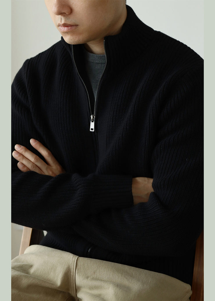 Black Zip Up Cozy Solid Cotton Knit Men Coat Stand Collar