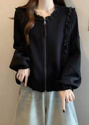 Black Zip Up Solid Cotton Coats Ruffled Long Sleeve