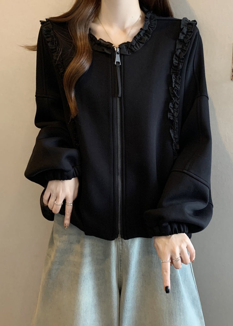 Black Zip Up Solid Cotton Coats Ruffled Long Sleeve