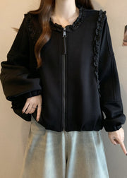 Black Zip Up Solid Cotton Coats Ruffled Long Sleeve