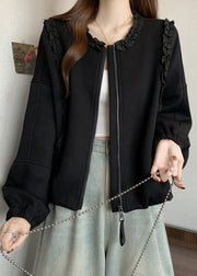 Black Zip Up Solid Cotton Coats Ruffled Long Sleeve