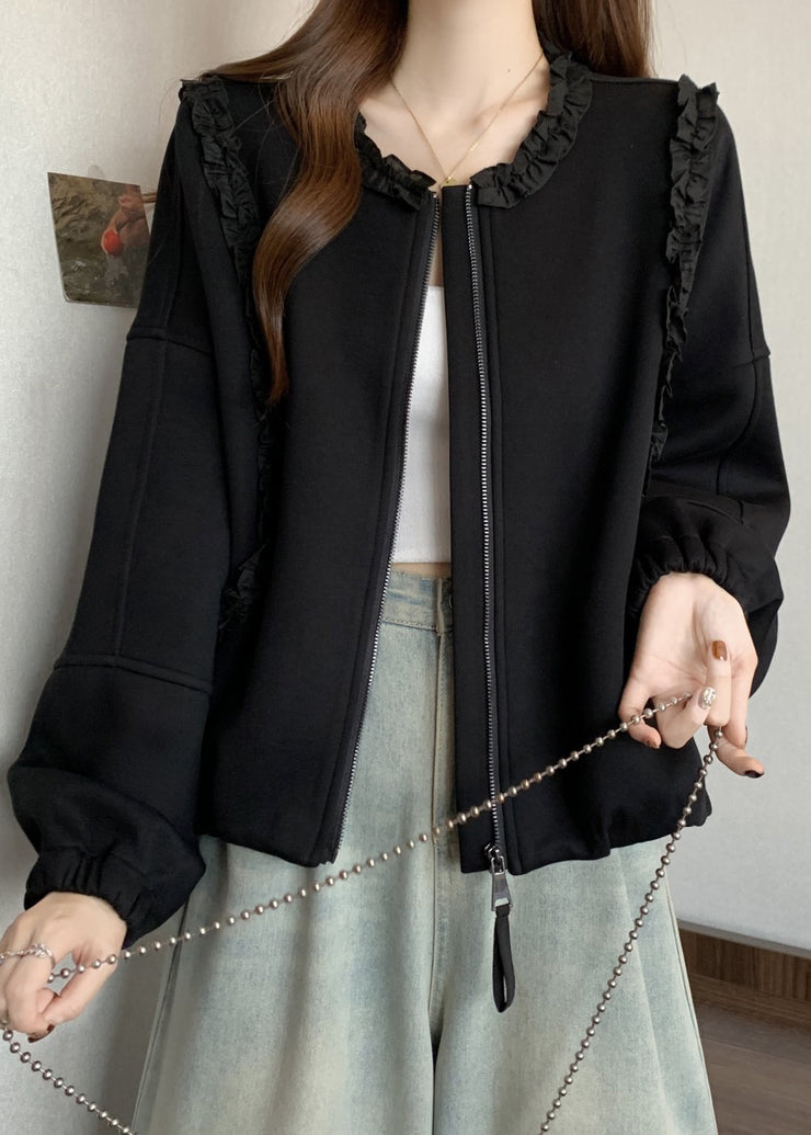 Black Zip Up Solid Cotton Coats Ruffled Long Sleeve