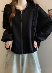 Black Zip Up Solid Cotton Coats Ruffled Long Sleeve