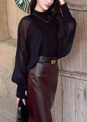 Black Zippered Chiffon Patchwork Shirt Wrinkled Batwing Sleeve
