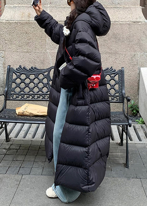 Black Zippered Drawstring Oversized Duck Down Puffer Coat Hooded