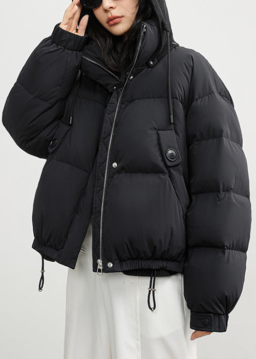 Black Zippered Drawstring Patchwork Duck Down Winter Down Coat Hooded
