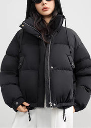 Black Zippered Drawstring Patchwork Duck Down Winter Down Coat Hooded