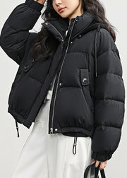 Black Zippered Drawstring Patchwork Duck Down Winter Down Coat Hooded