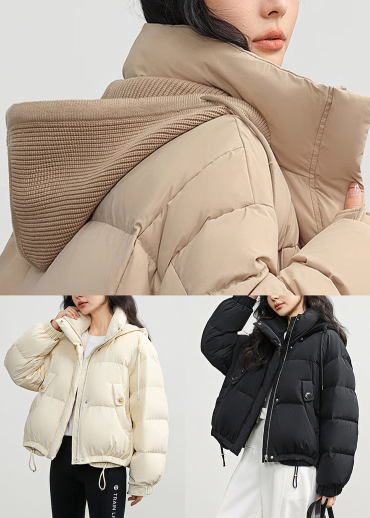 Black Zippered Drawstring Patchwork Duck Down Winter Down Coat Hooded