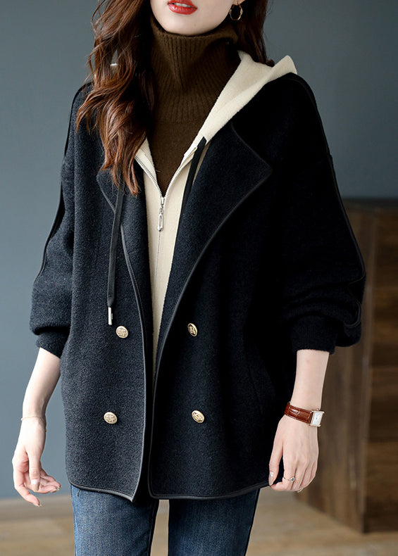 Black Zippered False Two Pieces Patchwork Woolen Coats Hooded