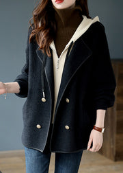 Black Zippered False Two Pieces Patchwork Woolen Coats Hooded